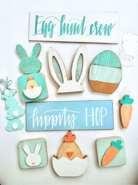 Easter Bunny & Chick Wooden Sign Set - Mint, White, Coral
